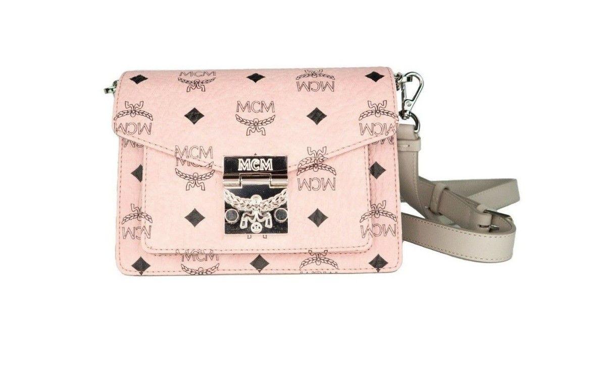 Sac à main à bandoulière mini à rabat avec logo diamant rose doux MCM Signature