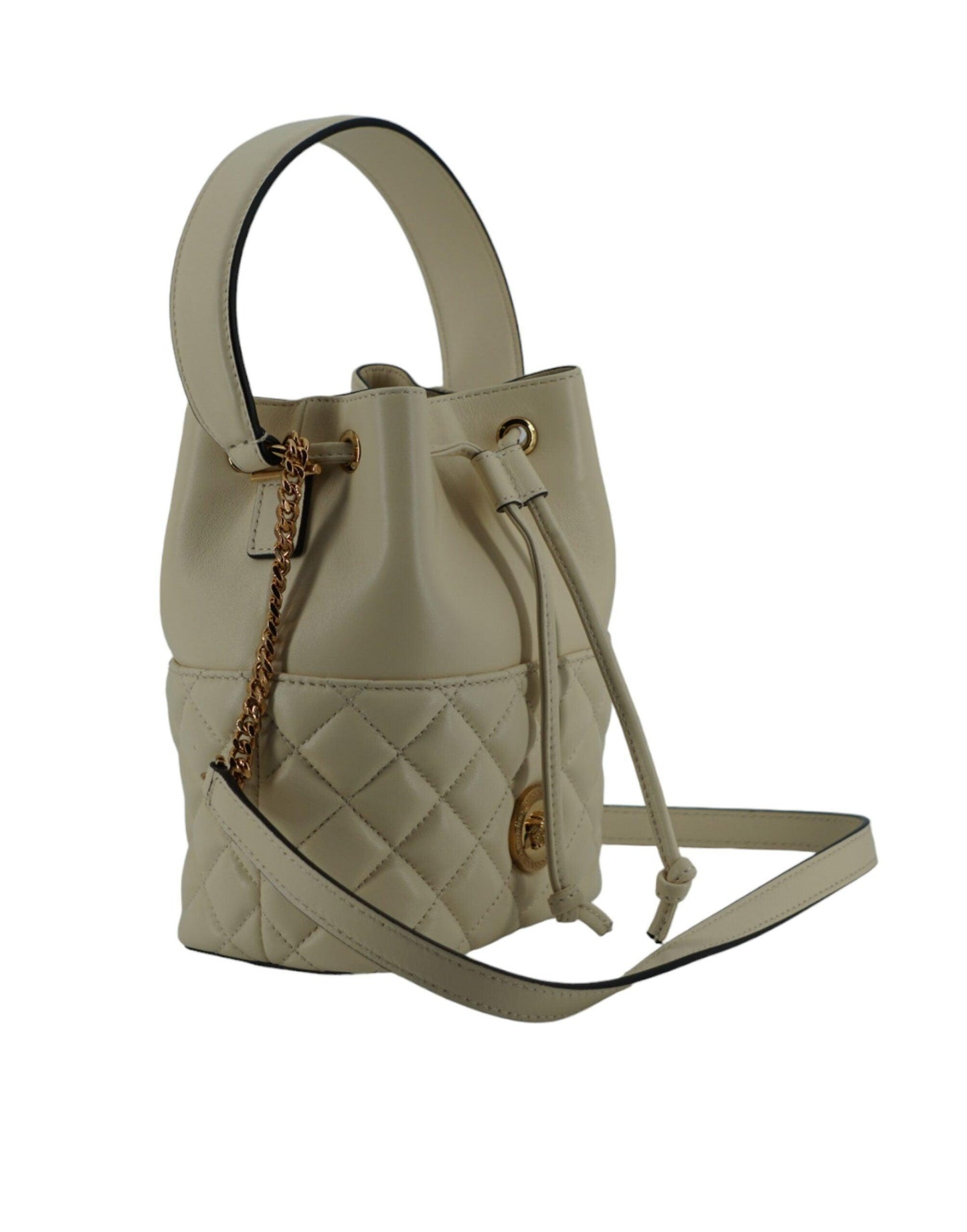 Sac seau élégant en cuir blanc de petite taille Versace