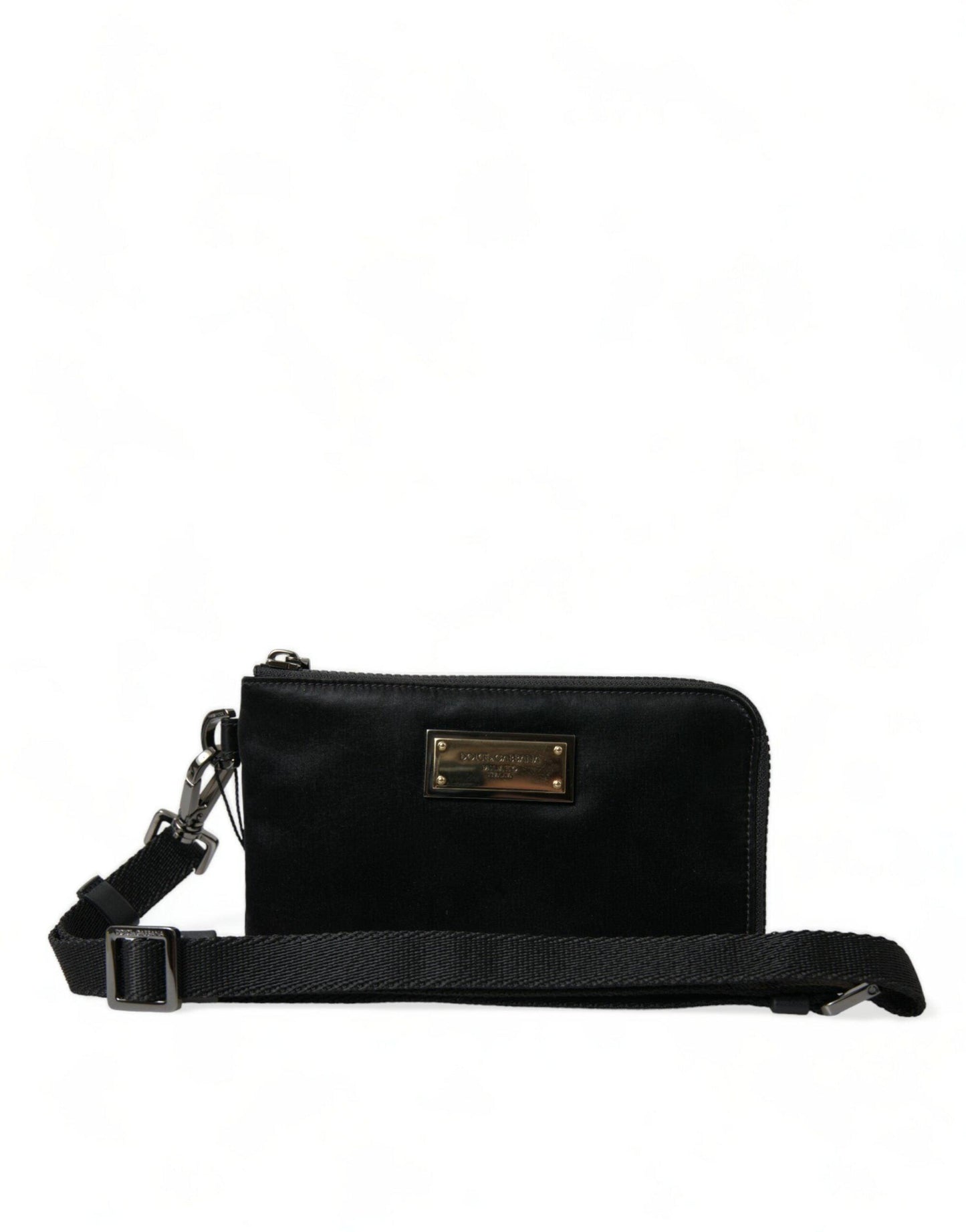 Pochette de luxe en nylon et cuir noir Dolce & Gabbana avec accents argentés