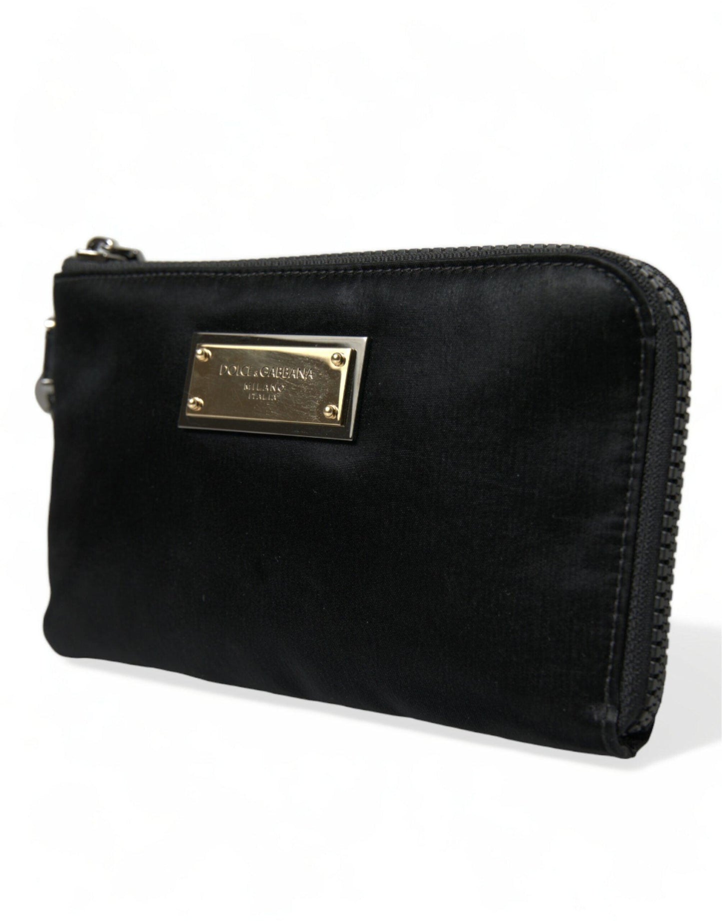Pochette de luxe en nylon et cuir noir Dolce & Gabbana avec accents argentés