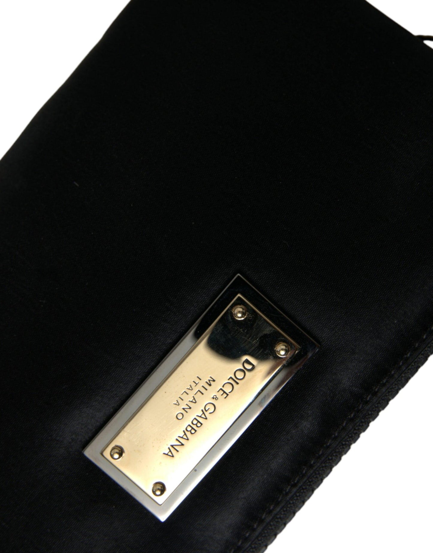 Pochette de luxe en nylon et cuir noir Dolce & Gabbana avec accents argentés