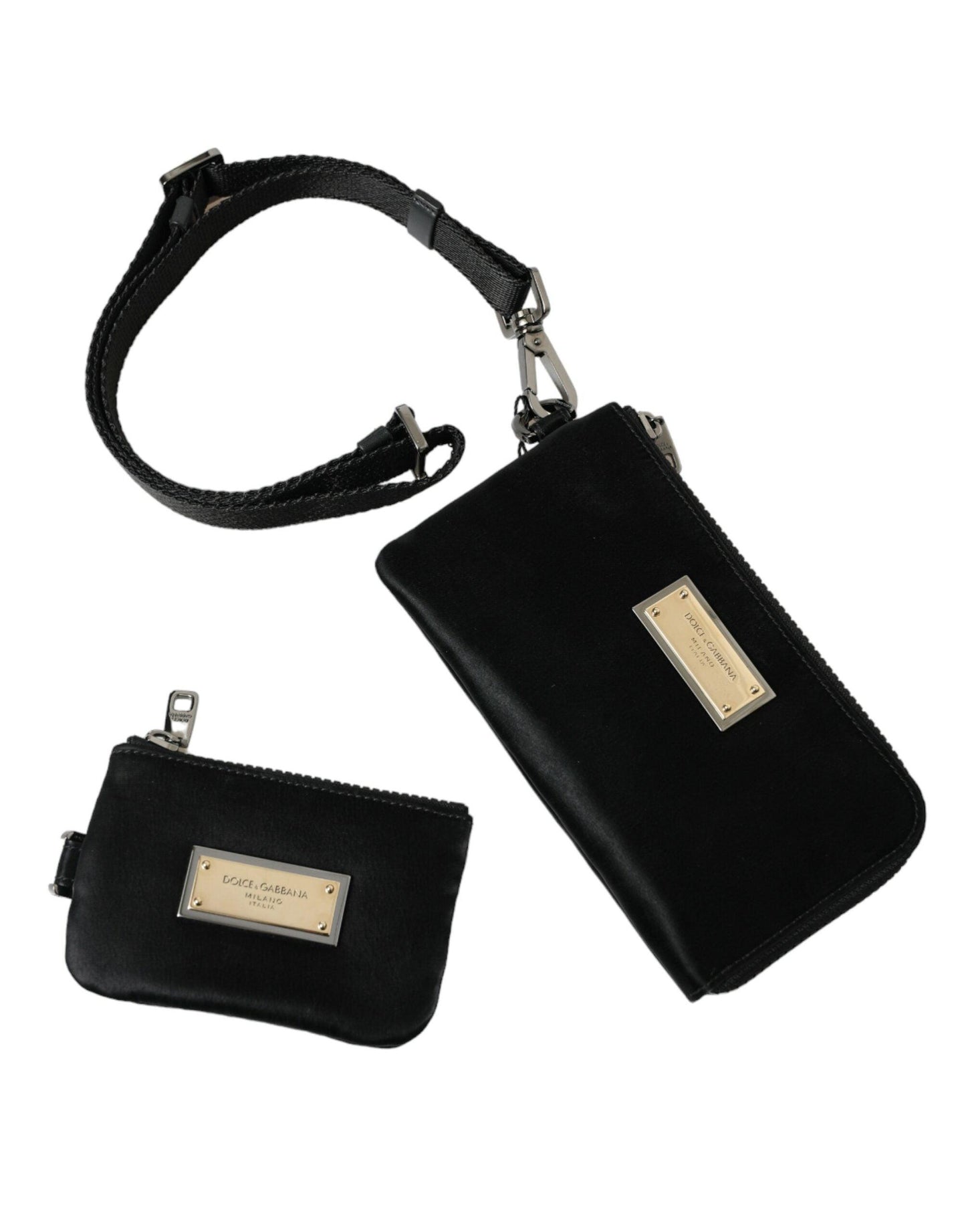 Pochette de luxe en nylon et cuir noir Dolce & Gabbana avec accents argentés