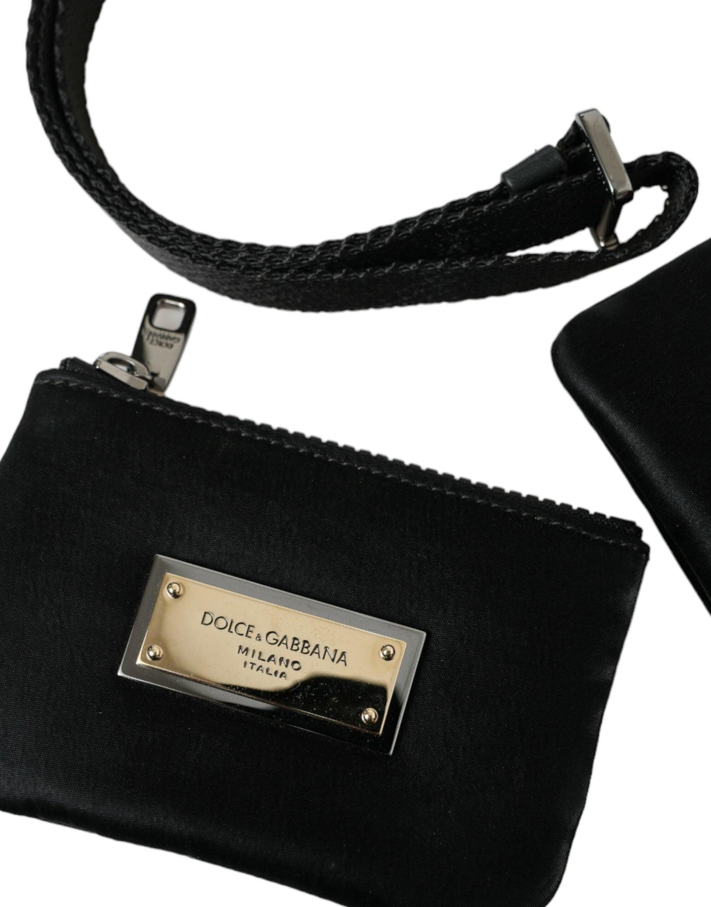 Pochette de luxe en nylon et cuir noir Dolce & Gabbana avec accents argentés