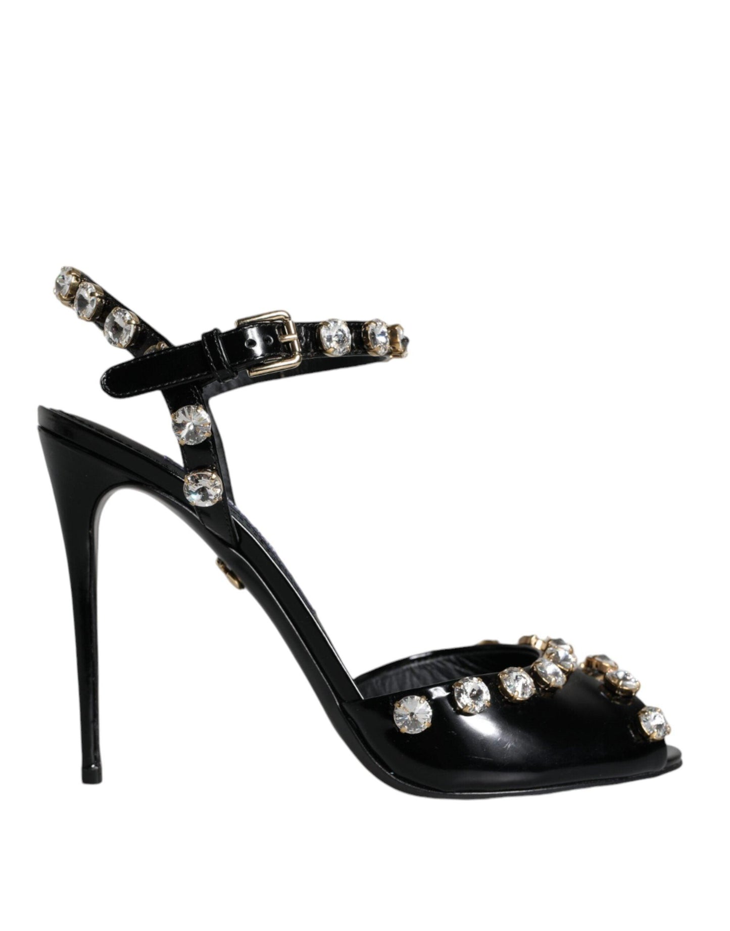 Sandales à bride cheville en cuir noir et cristaux Dolce & Gabbana