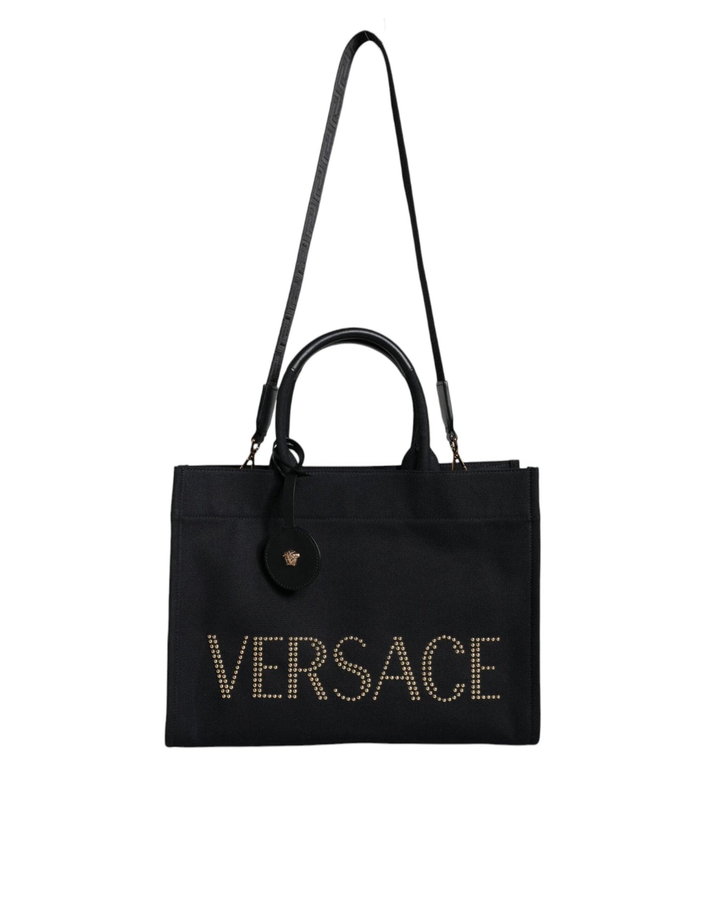 Sac fourre-tout à bandoulière en cuir noir avec logo Versace