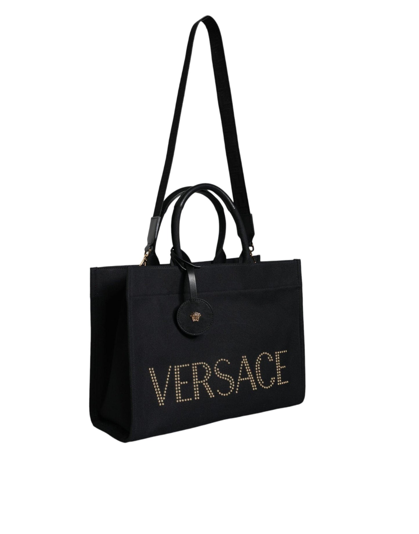 Sac fourre-tout à bandoulière en cuir noir avec logo Versace