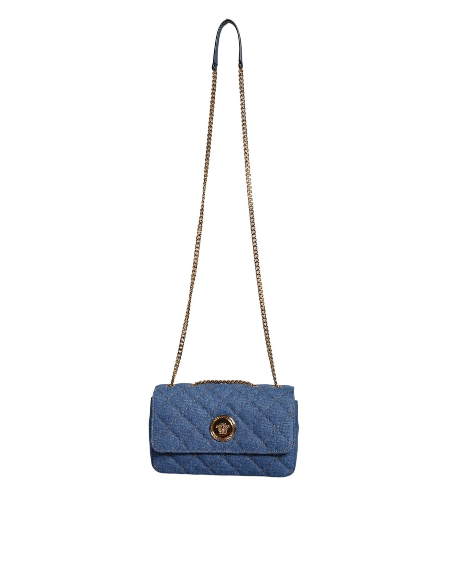 Sac bandoulière en cuir denim matelassé bleu Versace