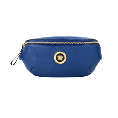 Sac banane Versace en cuir de veau bleu marine avec pendentif Medusa