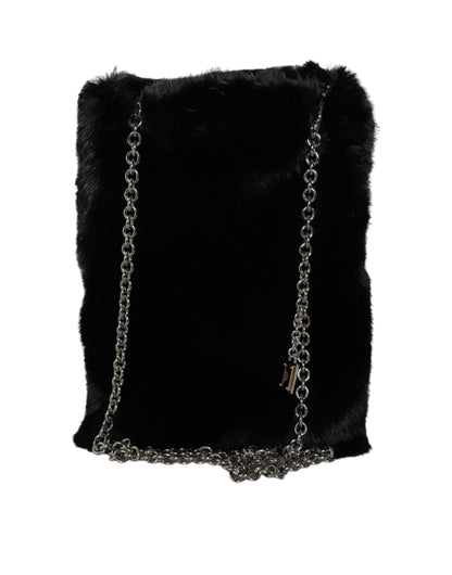 Sac à main bandoulière en fausse fourrure noire Dolce &amp; Gabbana avec chaîne argentée