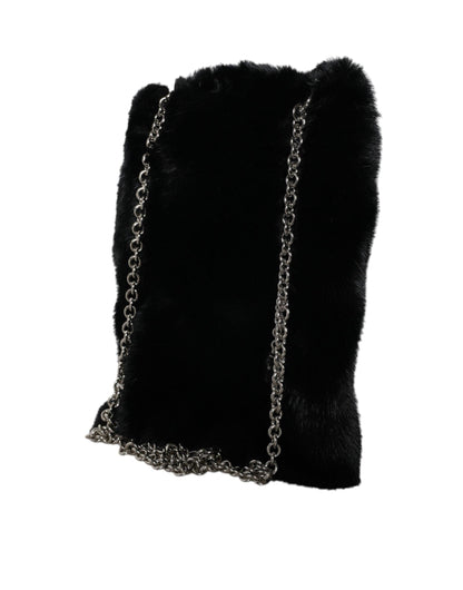 Sac à main bandoulière en fausse fourrure noire Dolce &amp; Gabbana avec chaîne argentée