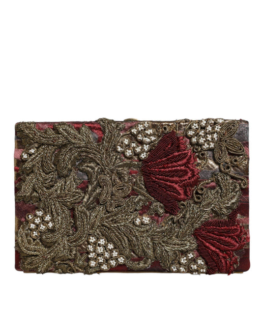 Dolce & Gabbana Maroon Velvet Floral Jacquard Clutch with Gold Detailing