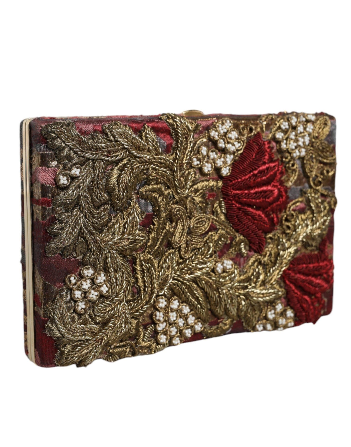 Dolce & Gabbana Maroon Velvet Floral Jacquard Clutch with Gold Detailing