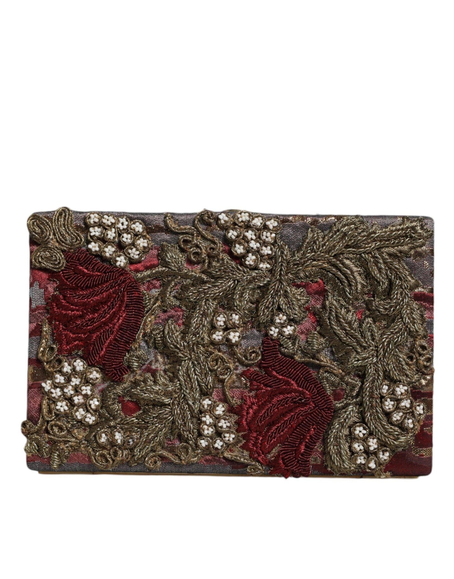 Dolce & Gabbana Maroon Velvet Floral Jacquard Clutch with Gold Detailing