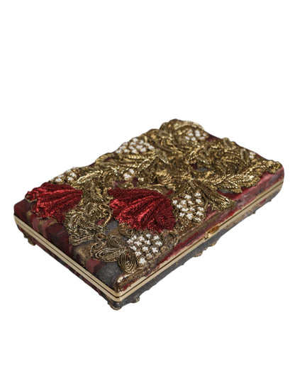 Dolce & Gabbana Maroon Velvet Floral Jacquard Clutch with Gold Detailing