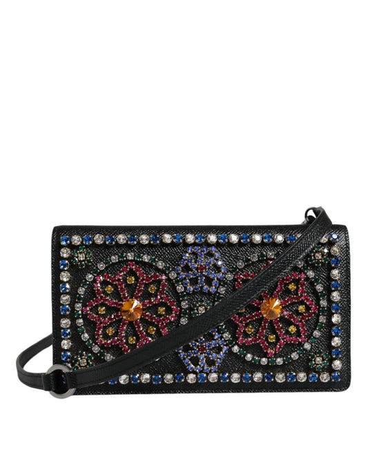 Dolce & Gabbana Black Leather Crystal-Embellished Crossbody Clutch Bag