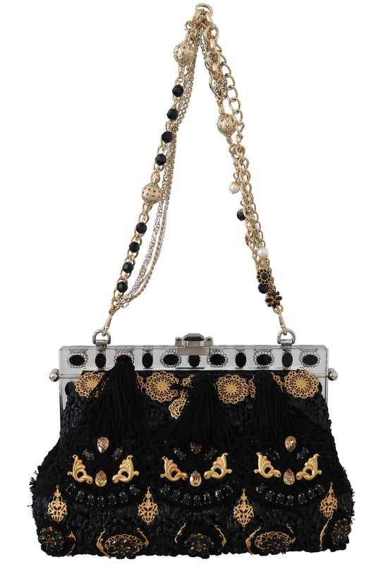 Dolce & Gabbana Black Crystal Baroque Evening Clutch with Gold Accents