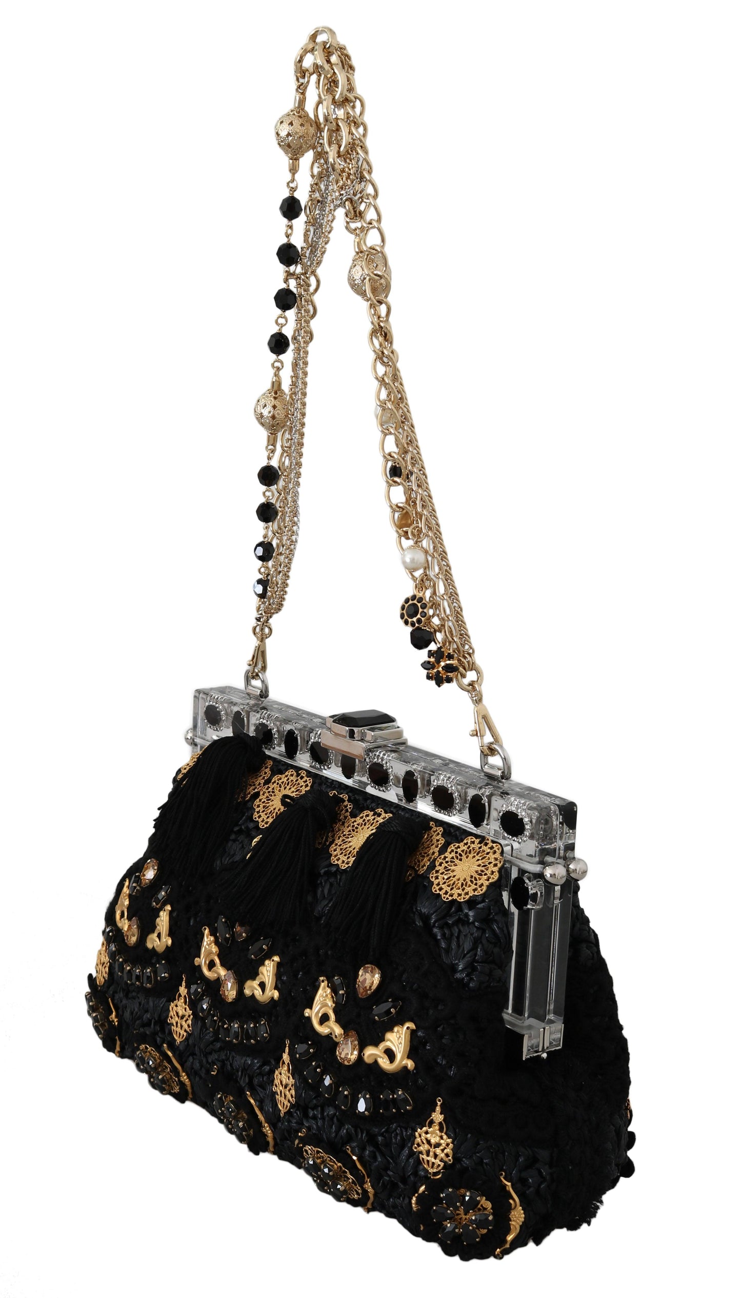 Dolce & Gabbana Black Crystal Baroque Evening Clutch with Gold Accents