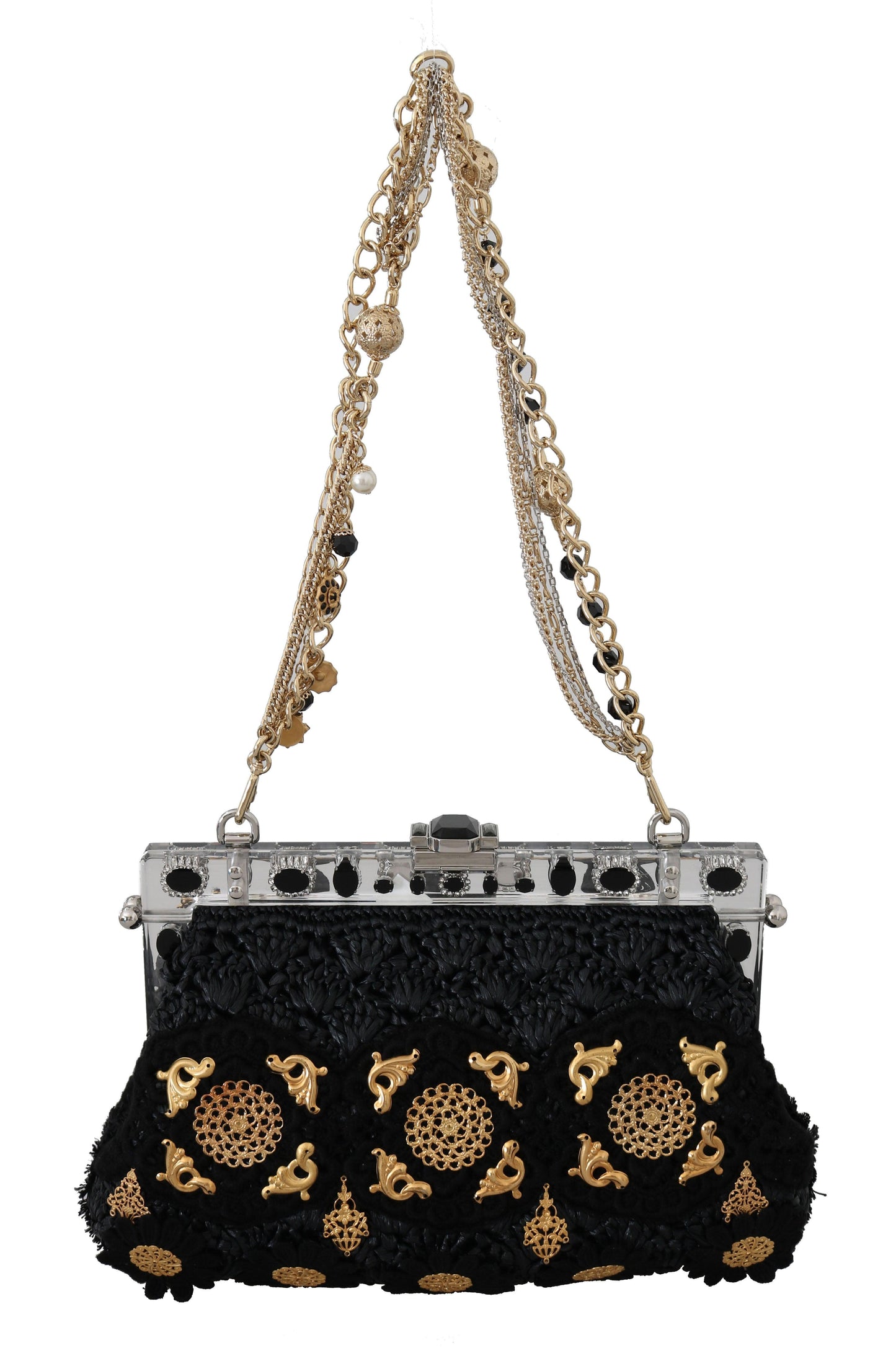 Dolce & Gabbana Black Crystal Baroque Evening Clutch with Gold Accents