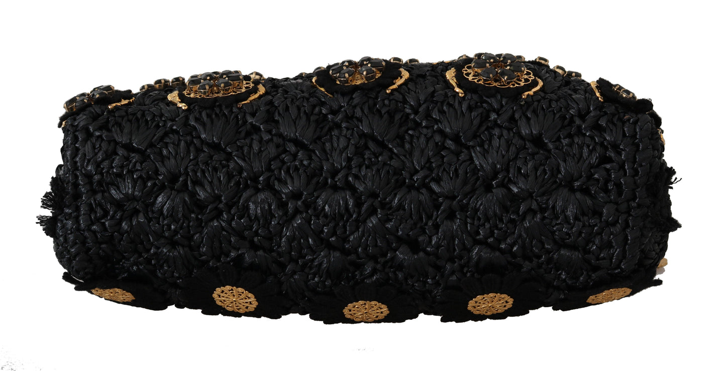 Dolce & Gabbana Black Crystal Baroque Evening Clutch with Gold Accents