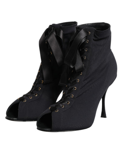 Dolce & Gabbana Black Stiletto Heels Lace Up Boots Shoes