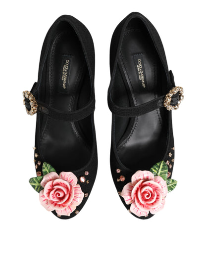 Dolce & Gabbana Black Flower Crystal Embellished Mary Jane Shoes