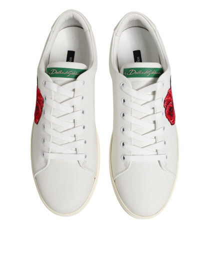 Dolce & Gabbana White Leather Rose Embroidery Low-Top  Shoes