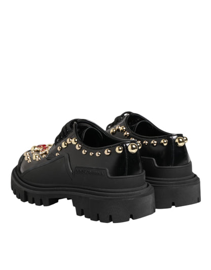 Dolce & Gabbana Black Leather Jeweled Crystals Derby Shoes
