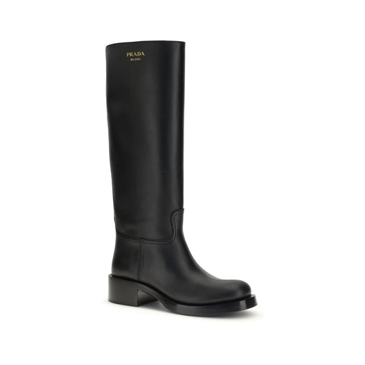 Prada Black Calf Leather Bos Taurus High Heel Boots