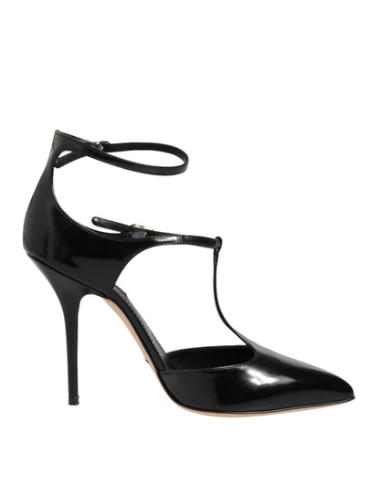 Dolce & Gabbana Black Leather T-STRAPS Heels Sandals Shoes